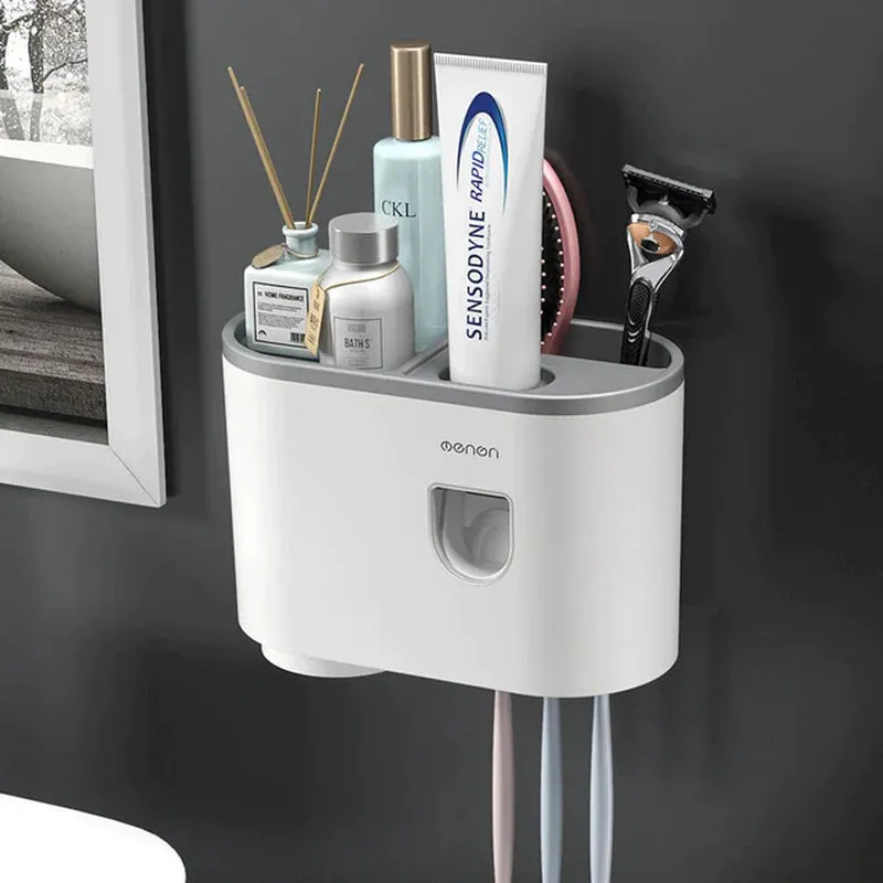 "Organize Your Bathroom with the Magnetic Adsorption Toothbrush Holder and Waterproof Storage Box - Includes Toothpaste Dispenser and Wall Mount - Perfect Bathroom Accessories for Easy and Stylish Storage!"