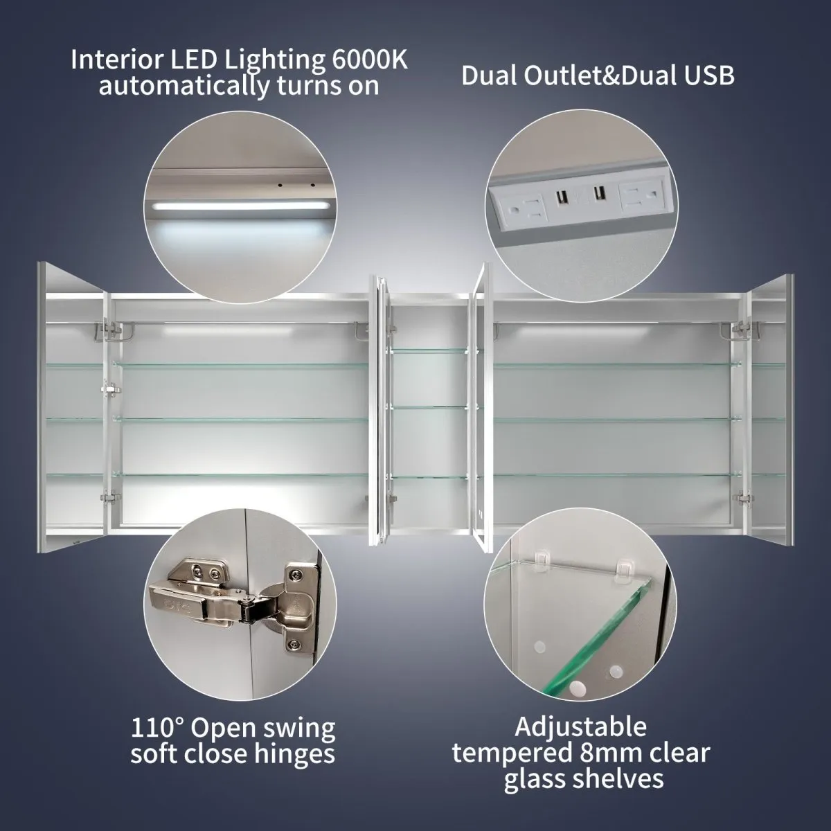 Rim 84" W x 32" H Lighted Medicine Cabinet Recessed or Surface LED Medicine Cabinet with Outlets & USBs