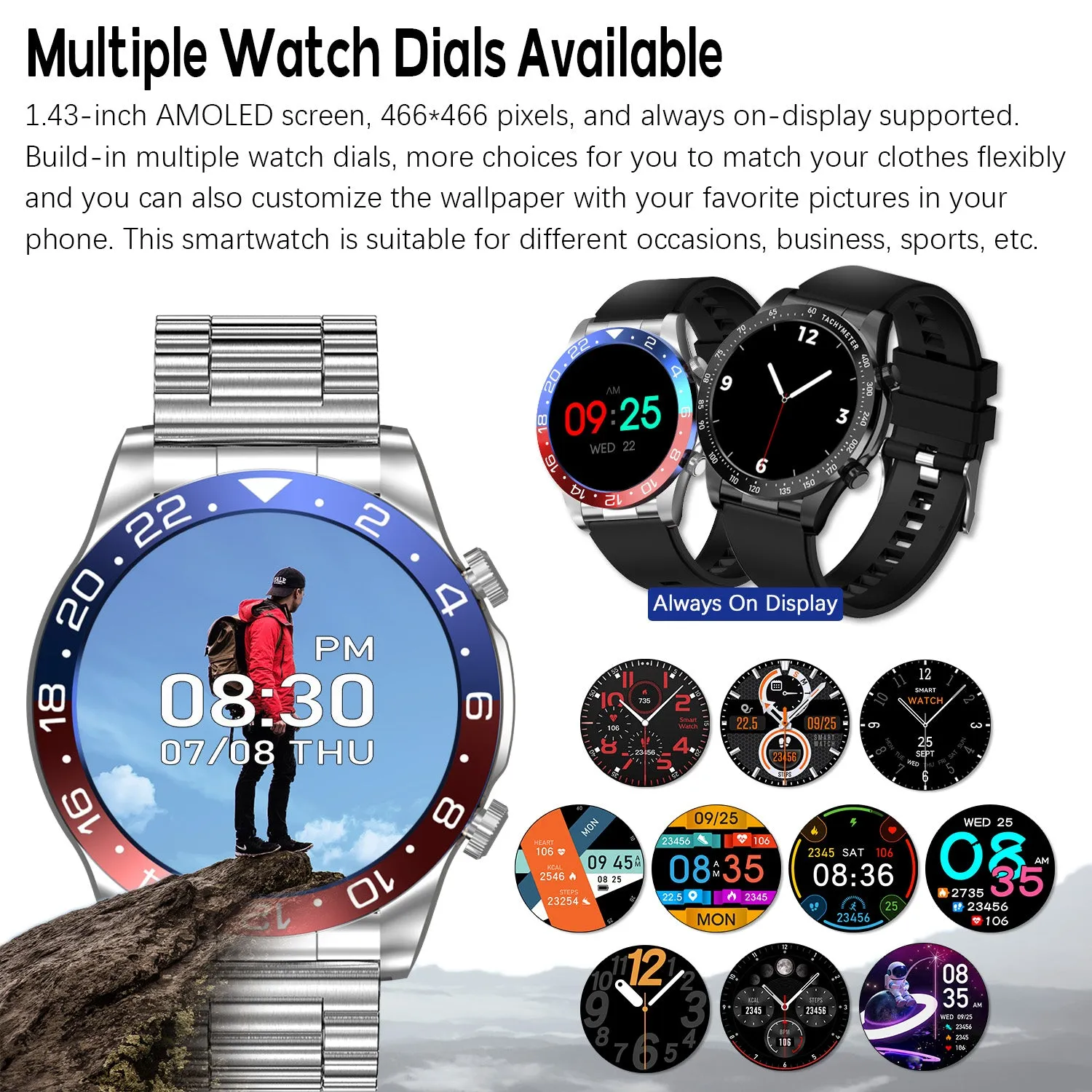 RollsTimi G30 Mens Smartwatch 1.43" AMOLED Screen Fitness Tracker Classic Smartwatches for Men Health Monitor Waterproof Smart Watches, Support AOD, compatible with Android iPhone