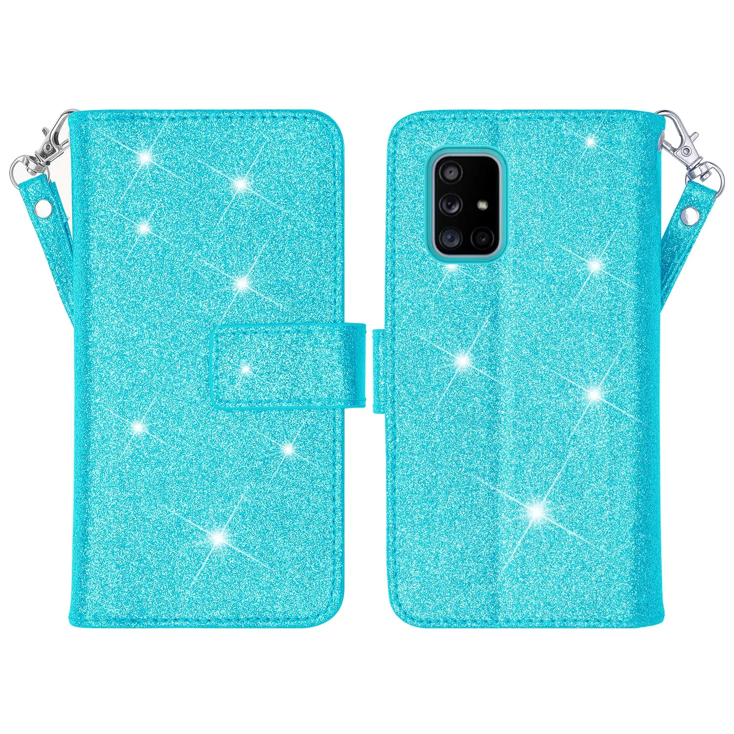 Samsung Galaxy A51 5G Case, Galaxy A51 5G Case, Glitter Faux Leather Flip Credit Card Holder Wrist Strap Shockproof Protective Wallet Case Clutch for Galaxy A51 5G - Teal