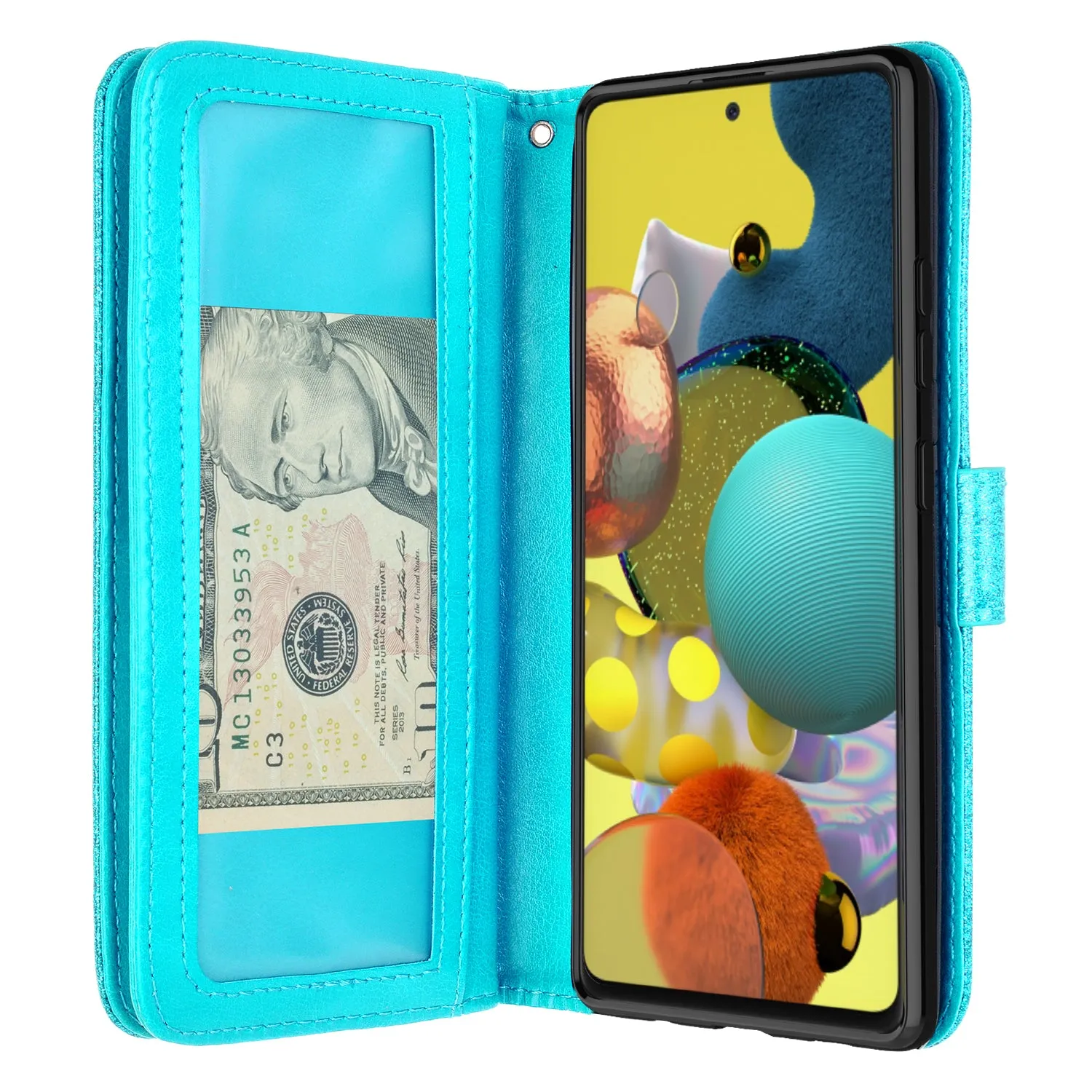 Samsung Galaxy A51 5G Case, Galaxy A51 5G Case, Glitter Faux Leather Flip Credit Card Holder Wrist Strap Shockproof Protective Wallet Case Clutch for Galaxy A51 5G - Teal