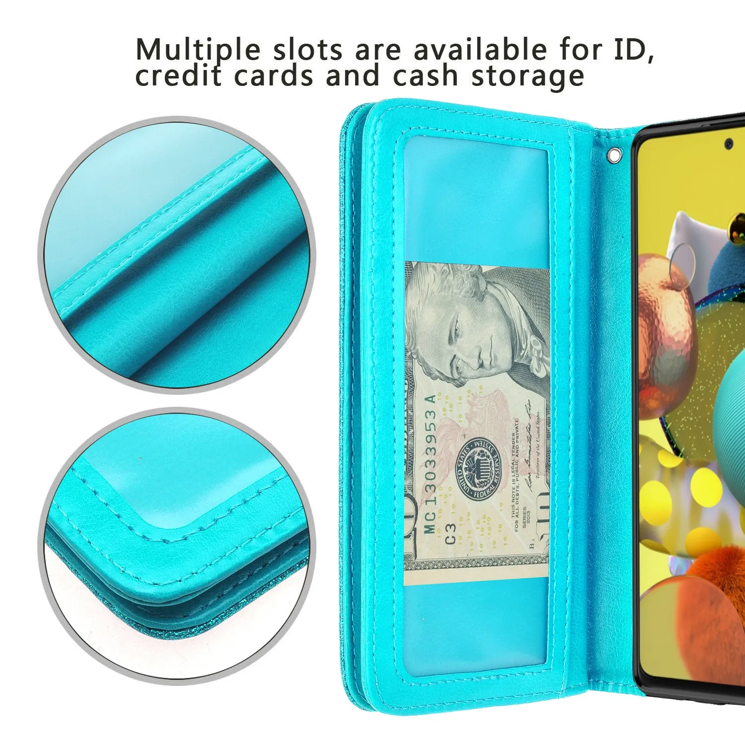 Samsung Galaxy A51 5G Case, Galaxy A51 5G Case, Glitter Faux Leather Flip Credit Card Holder Wrist Strap Shockproof Protective Wallet Case Clutch for Galaxy A51 5G - Teal