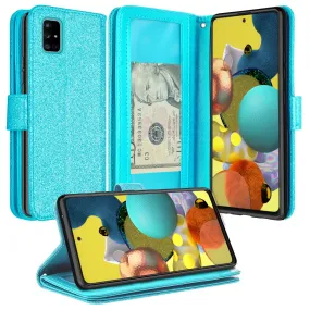 Samsung Galaxy A51 5G Case, Galaxy A51 5G Case, Glitter Faux Leather Flip Credit Card Holder Wrist Strap Shockproof Protective Wallet Case Clutch for Galaxy A51 5G - Teal