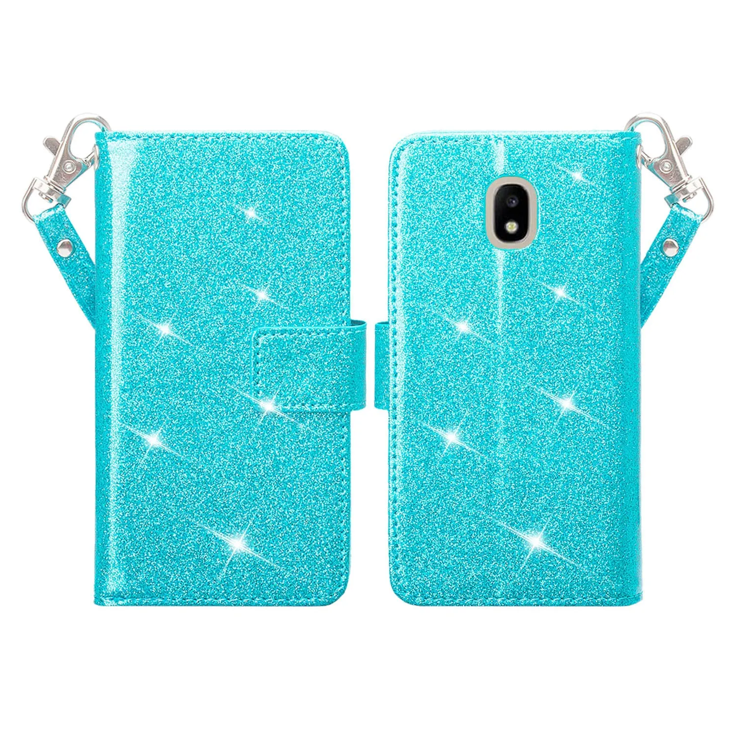 Samsung Galaxy J3 2018/Express Prime 3/Amp Prime 3/J3 Achieve/J3 Star/J3 Top/J3 Achieve/J3 Orbit/J3 V 3rd Gen/J3 Aura/Sol 3 Case, Wrist Strap Glitter Bling Leather Flip [Kickstand] Protective Wallet Cover Clutch - Teal