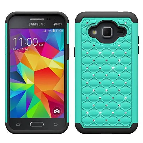 Samsung Galaxy J3 Case, J3V Case | Express Prime Case | Galaxy Sky Case | Amp Prime Case | Galaxy Sol Diamond Rhinestone Hybrid Case - Teal/Black