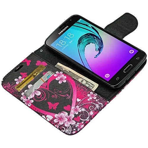 Samsung Galaxy J3 Case, J3V Case | Galaxy Express Prime Case | Galaxy Sky Case | Amp Prime Case | Galaxy Sol Wrist Strap Pu Leather Magnetic Fold Wallet Case with ID & Card Slots - Heart Butterflies