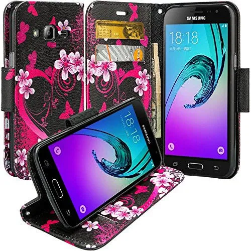 Samsung Galaxy J3 Case, J3V Case | Galaxy Express Prime Case | Galaxy Sky Case | Amp Prime Case | Galaxy Sol Wrist Strap Pu Leather Magnetic Fold Wallet Case with ID & Card Slots - Heart Butterflies