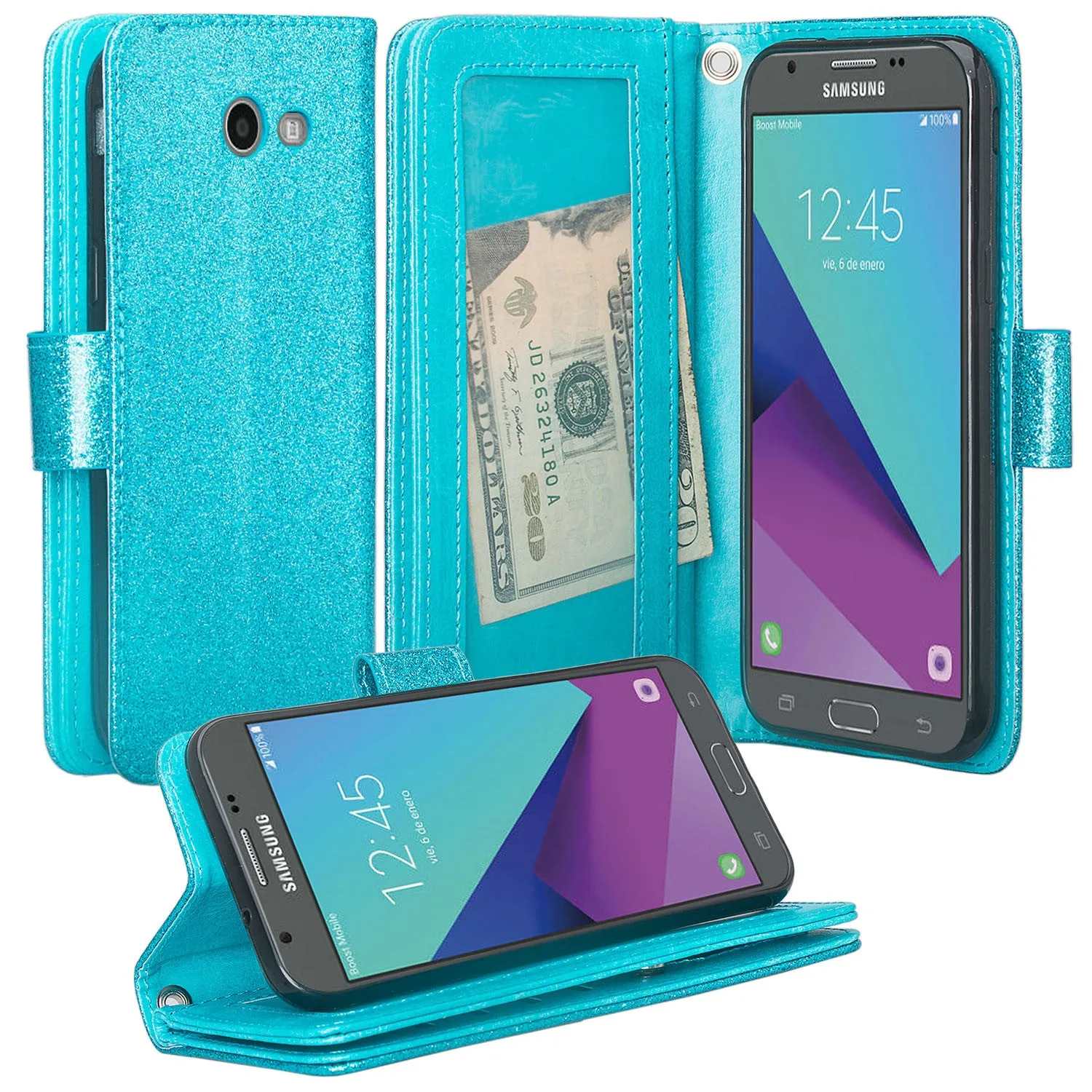 Samsung Galaxy J3 Emerge | J3 (2017) | J3 Prime | Samsung SM-J327P Case, [Wrist Strap] Glitter Faux Leather Flip [Kickstand Feature] Protective Wallet Case Clutch - Teal