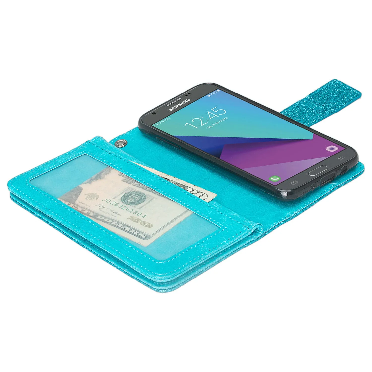 Samsung Galaxy J3 Emerge | J3 (2017) | J3 Prime | Samsung SM-J327P Case, [Wrist Strap] Glitter Faux Leather Flip [Kickstand Feature] Protective Wallet Case Clutch - Teal