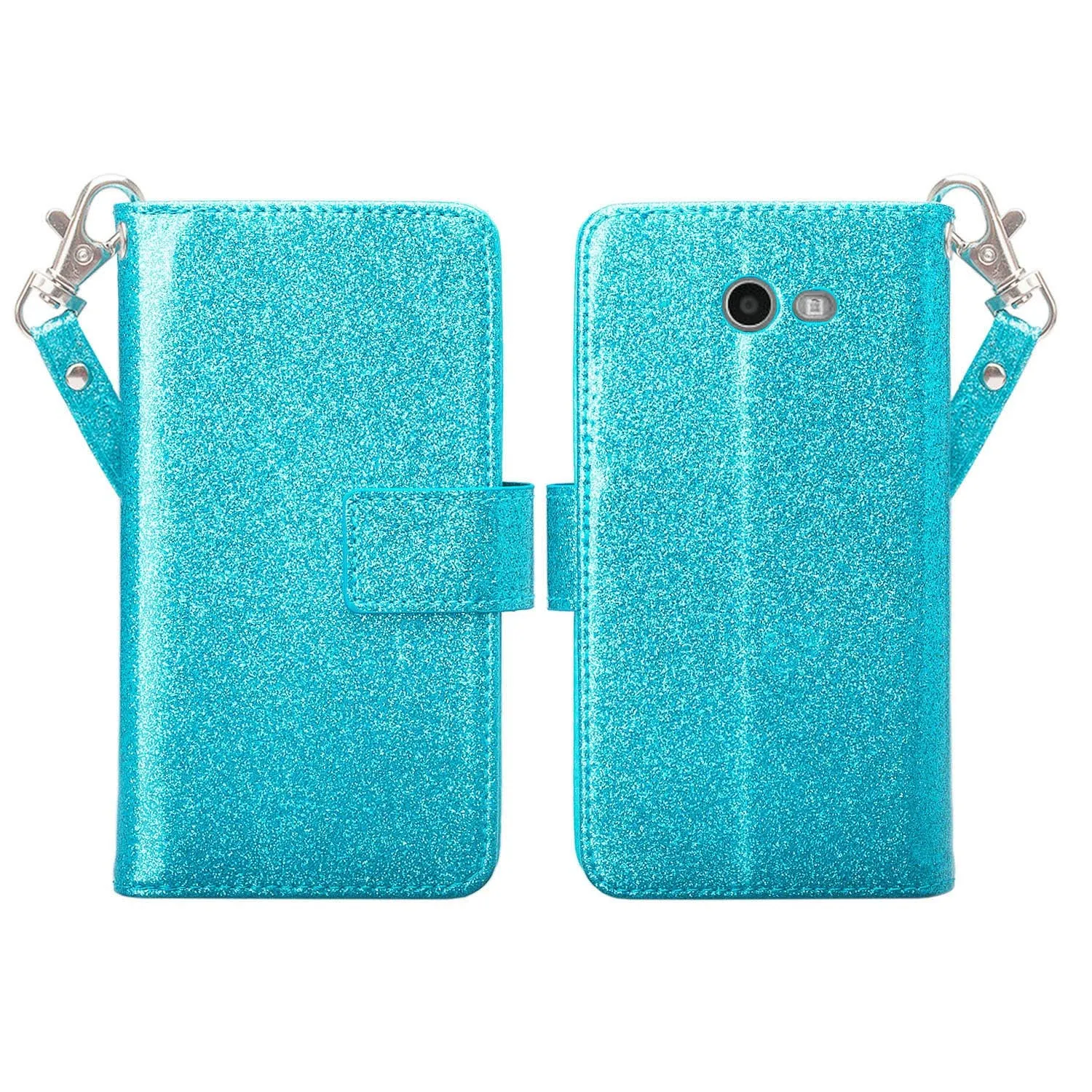 Samsung Galaxy J3 Emerge | J3 (2017) | J3 Prime | Samsung SM-J327P Case, [Wrist Strap] Glitter Faux Leather Flip [Kickstand Feature] Protective Wallet Case Clutch - Teal