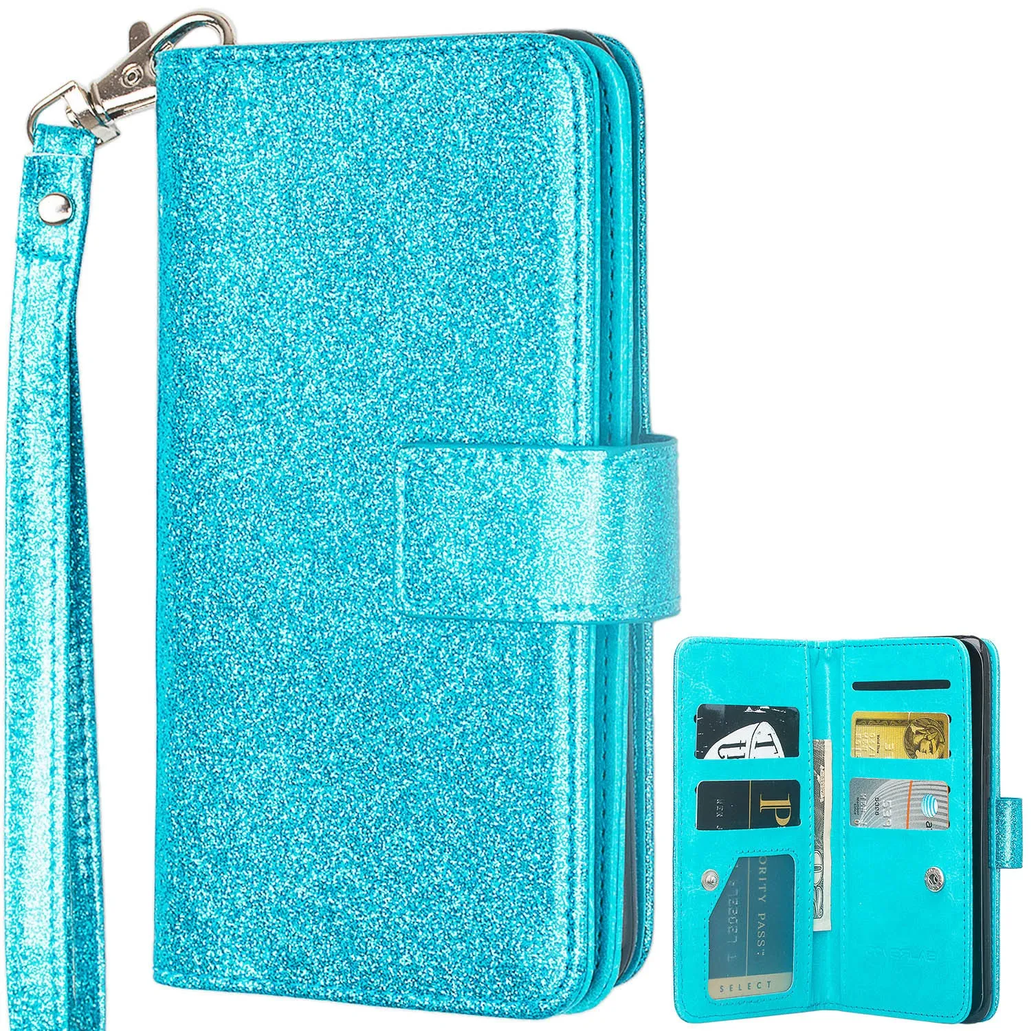 Samsung Galaxy J3 Emerge | J3 (2017) | J3 Prime | Samsung SM-J327P Case, [Wrist Strap] Glitter Faux Leather Flip [Kickstand Feature] Protective Wallet Case Clutch - Teal