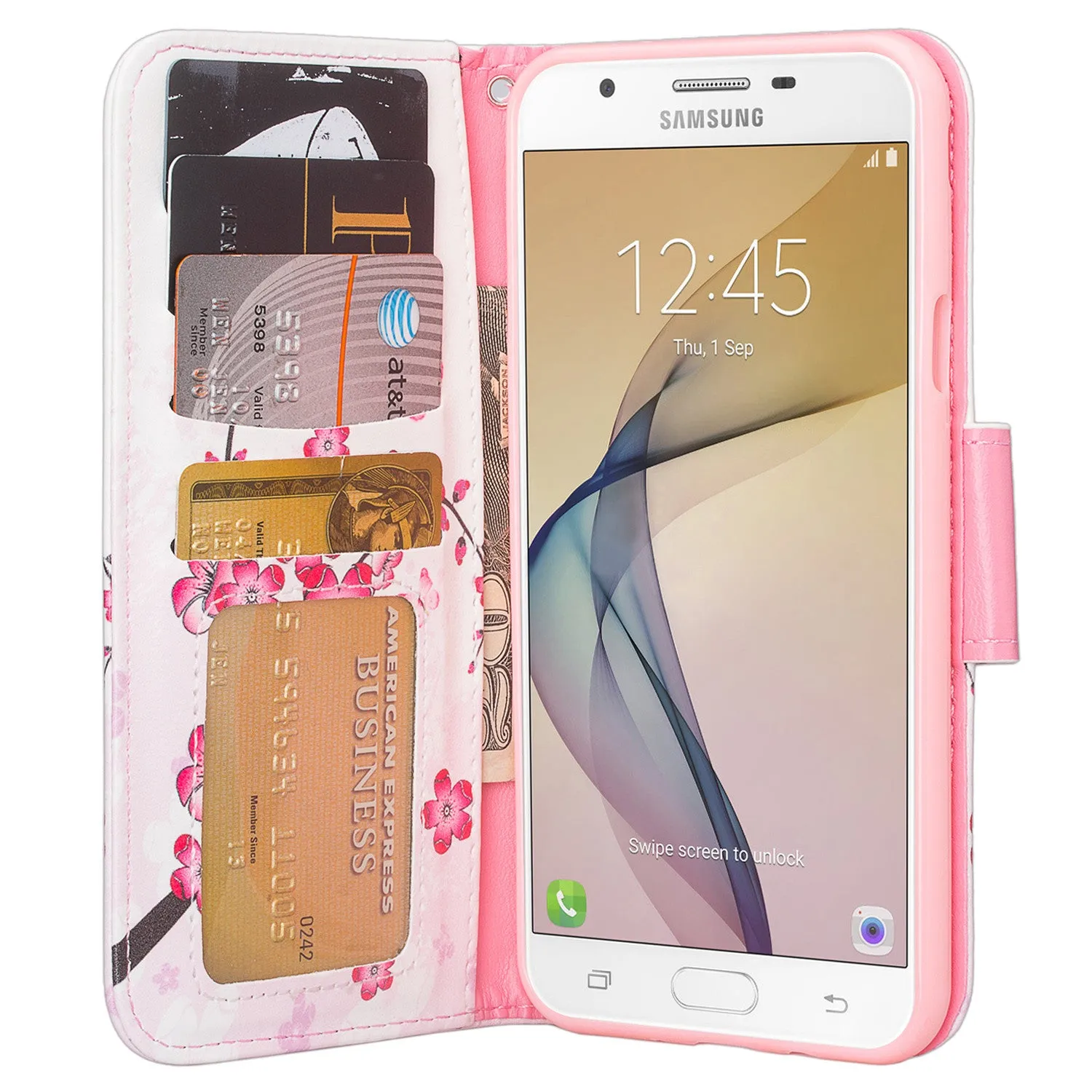 Samsung Galaxy J7 (2017) / J7 Sky Pro / J7 Perx / J7 V / J7 Prime / Galaxy Halo Case, Wrist Strap Pu Leather Magnetic Flip[Kickstand] Wallet Cover w/ Card Slots -Cherry Blossom