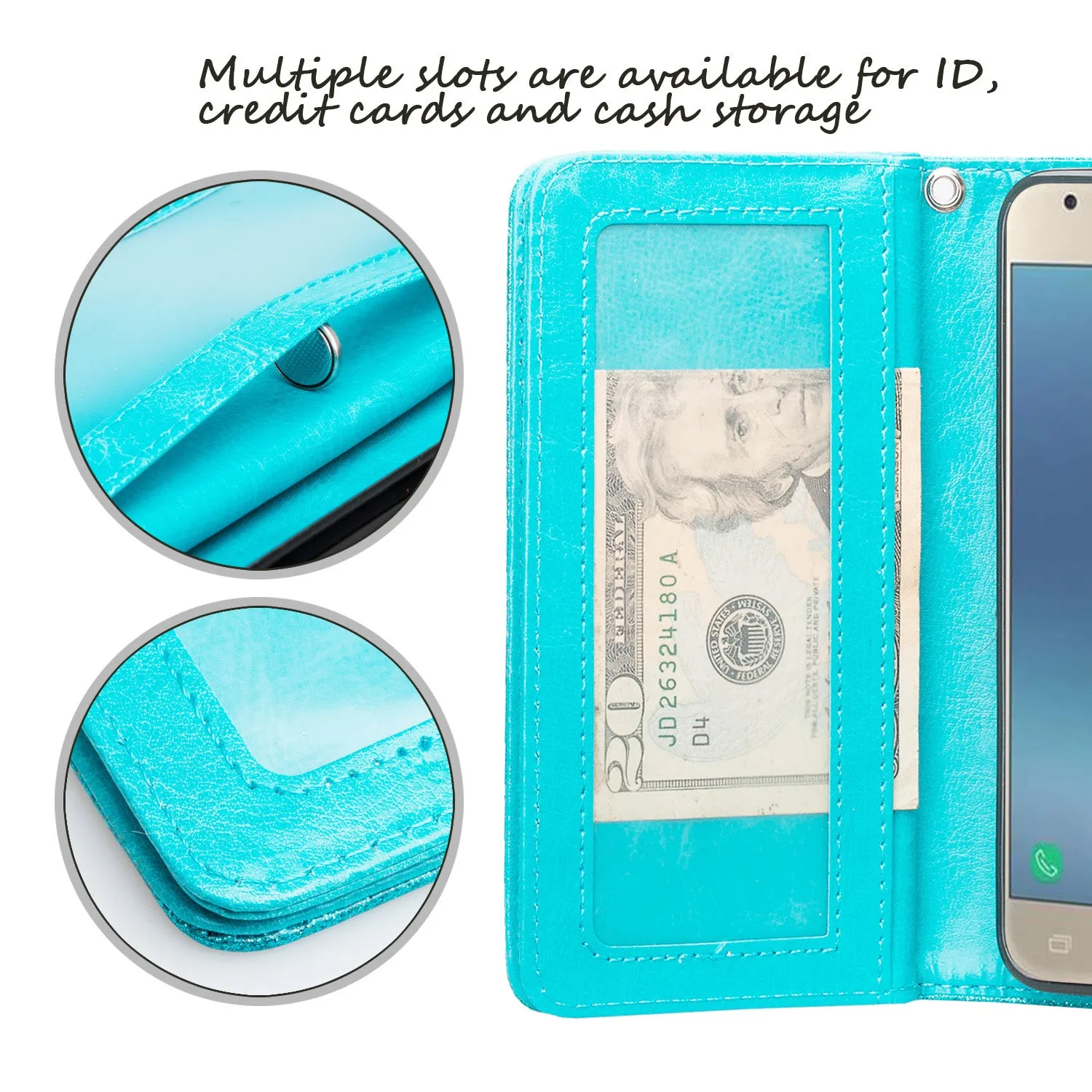 Samsung Galaxy J7 V 2nd Gen/J7 Crown/J7 Top/J7 2018/J7 Star/J7 Achieve/J7 Refine/J7 Aero/J7 Aura Case, Wrist Strap Glitter Bling Leather Flip [Kickstand Feature] Protective Wallet Cover Clutch - Teal