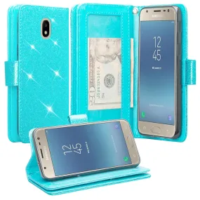 Samsung Galaxy J7 V 2nd Gen/J7 Crown/J7 Top/J7 2018/J7 Star/J7 Achieve/J7 Refine/J7 Aero/J7 Aura Case, Wrist Strap Glitter Bling Leather Flip [Kickstand Feature] Protective Wallet Cover Clutch - Teal