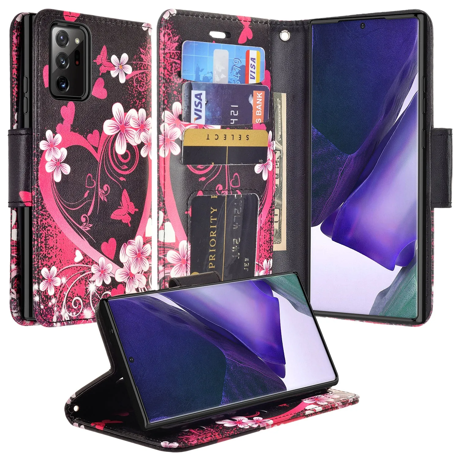 Samsung Galaxy Note 20 Ultra Case, Galaxy Note 20 Ultra Wallet Case, Wrist Strap Pu Leather Wallet Case [Kickstand] with ID & Credit Card Slots - Heart Butterflies