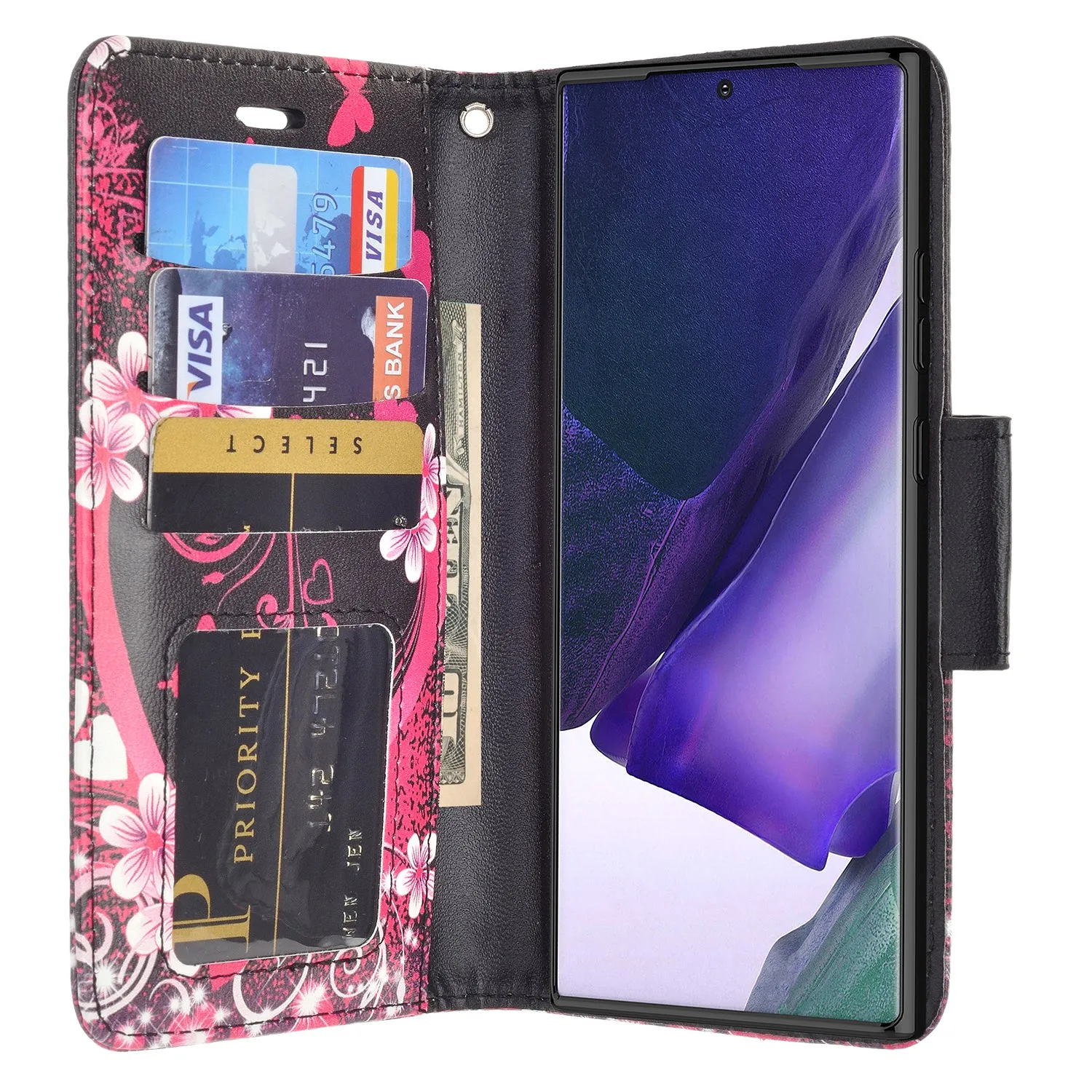 Samsung Galaxy Note 20 Ultra Case, Galaxy Note 20 Ultra Wallet Case, Wrist Strap Pu Leather Wallet Case [Kickstand] with ID & Credit Card Slots - Heart Butterflies