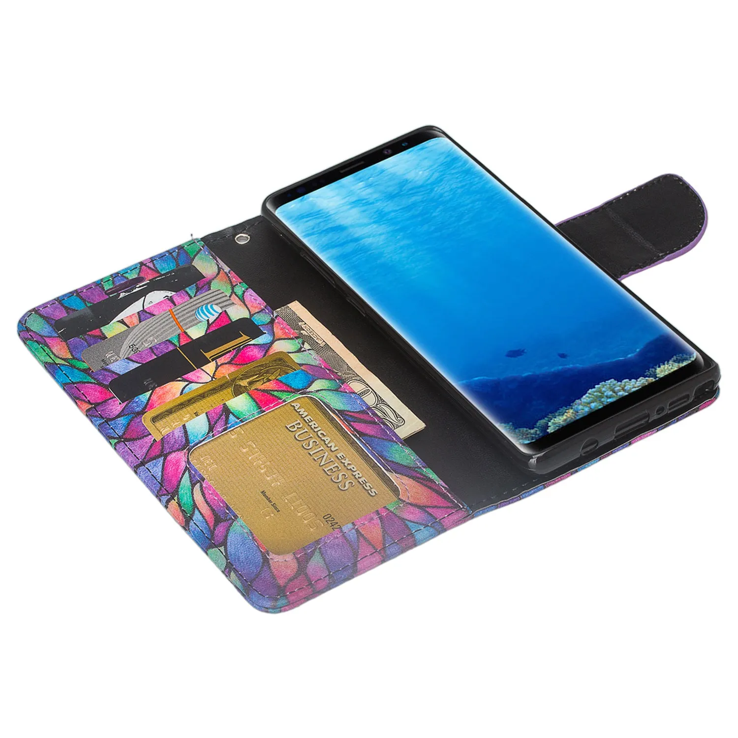 Samsung Galaxy Note 8 Case, Galaxy Note 8 Wallet Case, Slim Flip Folio [Kickstand] Pu Leather Wallet Case with ID & Card Slots & Pocket   Wrist Strap - Rainbow Flower