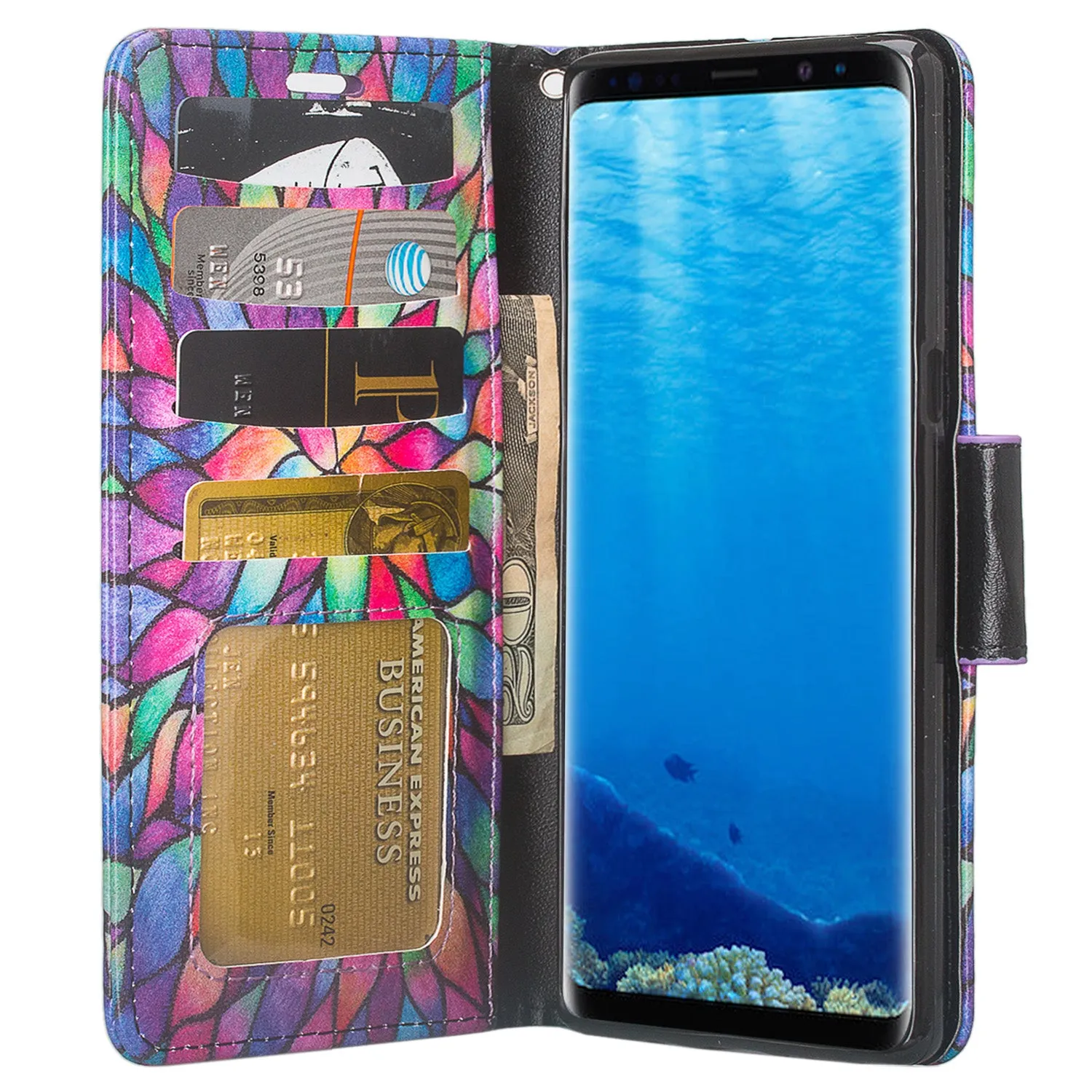 Samsung Galaxy Note 8 Case, Galaxy Note 8 Wallet Case, Slim Flip Folio [Kickstand] Pu Leather Wallet Case with ID & Card Slots & Pocket   Wrist Strap - Rainbow Flower