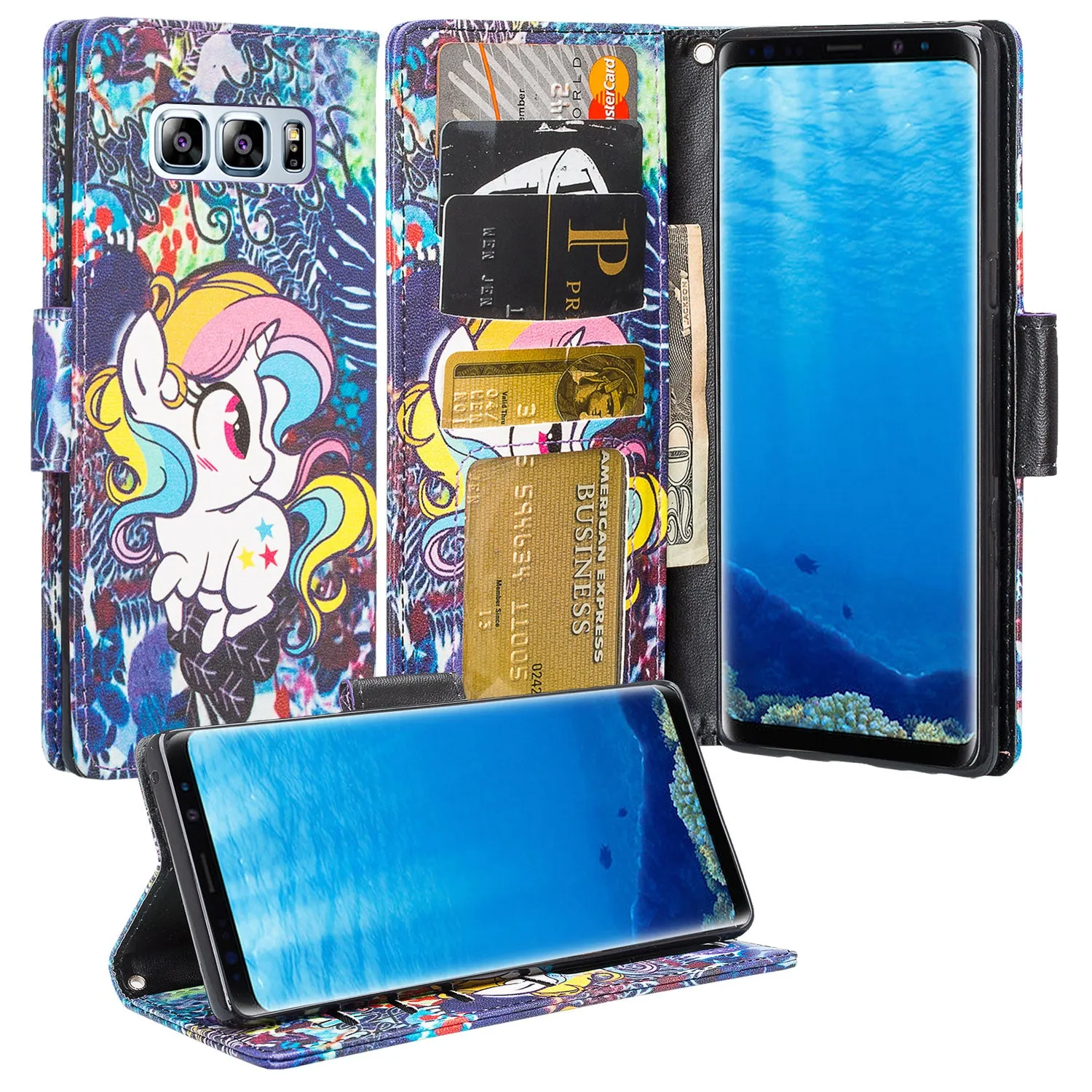 Samsung Galaxy Note 8 Case, Galaxy Note 8 Wallet Case, Slim Flip Folio [Kickstand] Pu Leather Wallet Case with ID & Card Slots & Pocket   Wrist Strap - Rainbow Unicorn