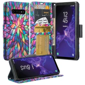 Samsung Galaxy S10 5G Case, SMG977U Wallet Case, Wrist Strap Pu Leather Wallet Case [Kickstand] with ID & Credit Card Slots - Rainbow Flower