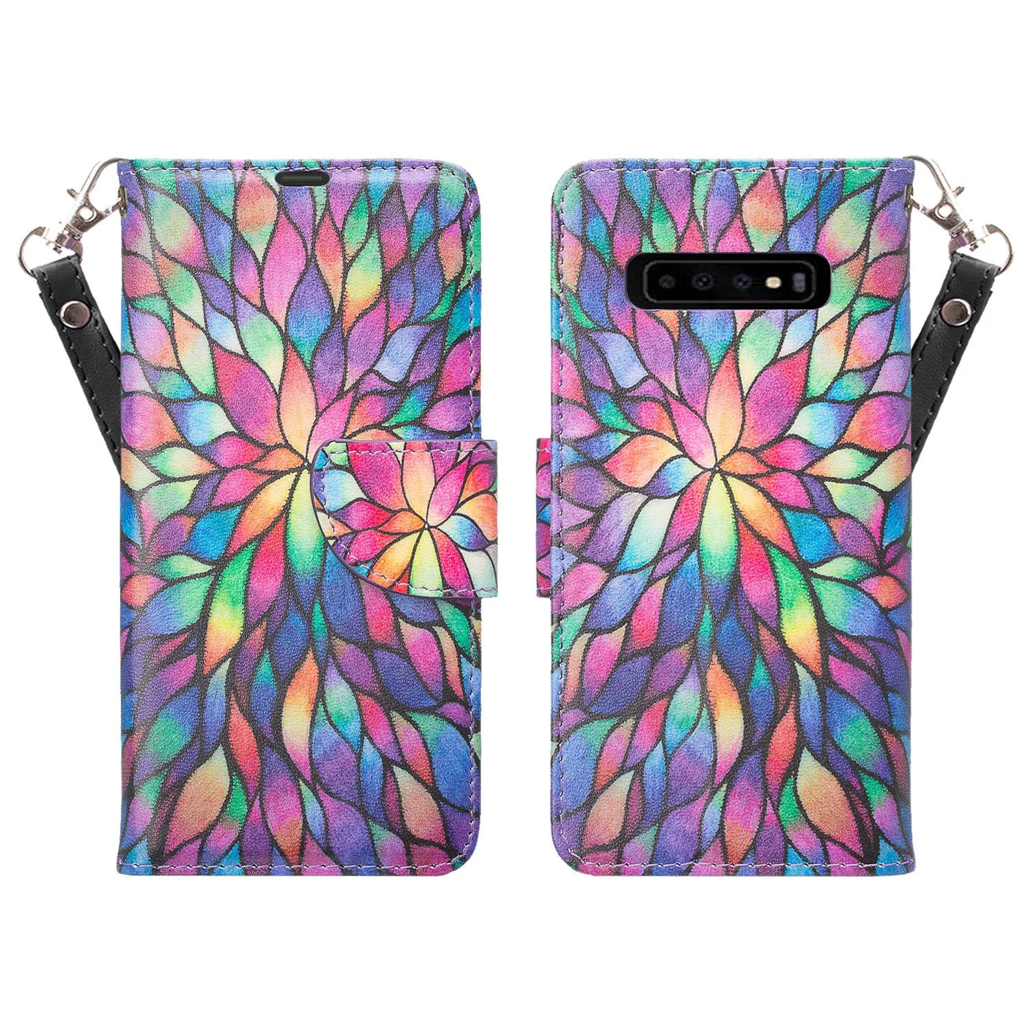 Samsung Galaxy S10 5G Case, SMG977U Wallet Case, Wrist Strap Pu Leather Wallet Case [Kickstand] with ID & Credit Card Slots - Rainbow Flower