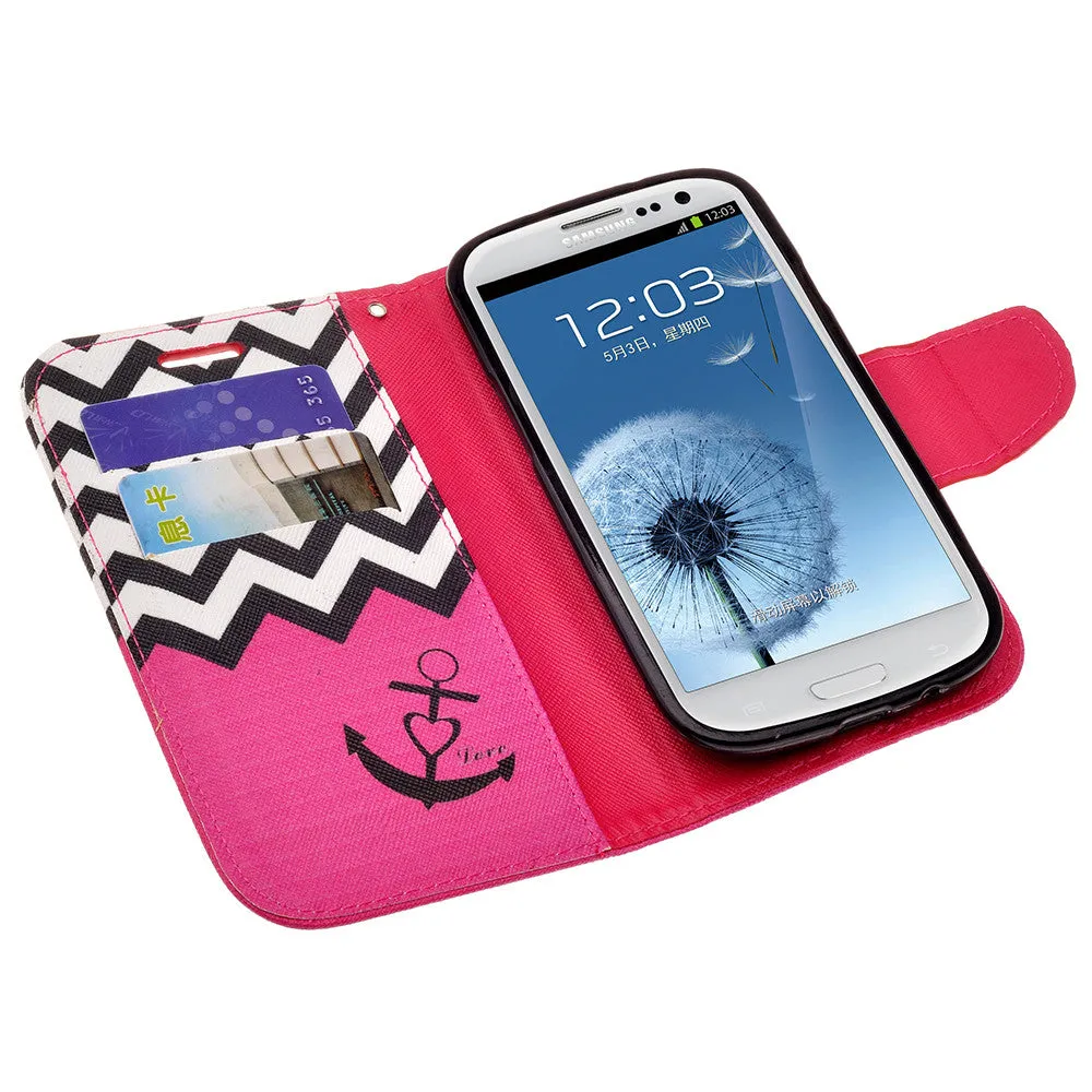 Samsung Galaxy S3 Case, Wrist Strap Magnetic Fold[Kickstand] Pu Leather Wallet Case with ID & Credit Card Slots for Samsung Galaxy S3 - Hot Pink Anchor