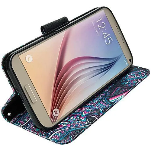 Samsung Galaxy S6 Wallet Case, Wrist Strap Magnetic Fold Folio[Kickstand] Pu Leather with ID & Card Slots for Galaxy S6 - Tribal Elephant