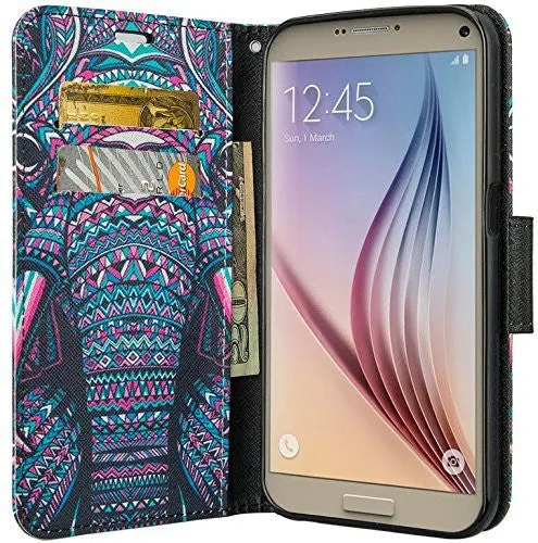 Samsung Galaxy S6 Wallet Case, Wrist Strap Magnetic Fold Folio[Kickstand] Pu Leather with ID & Card Slots for Galaxy S6 - Tribal Elephant