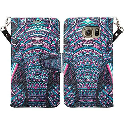 Samsung Galaxy S6 Wallet Case, Wrist Strap Magnetic Fold Folio[Kickstand] Pu Leather with ID & Card Slots for Galaxy S6 - Tribal Elephant