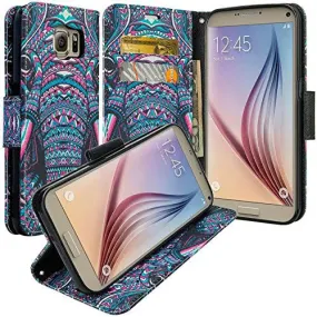 Samsung Galaxy S6 Wallet Case, Wrist Strap Magnetic Fold Folio[Kickstand] Pu Leather with ID & Card Slots for Galaxy S6 - Tribal Elephant