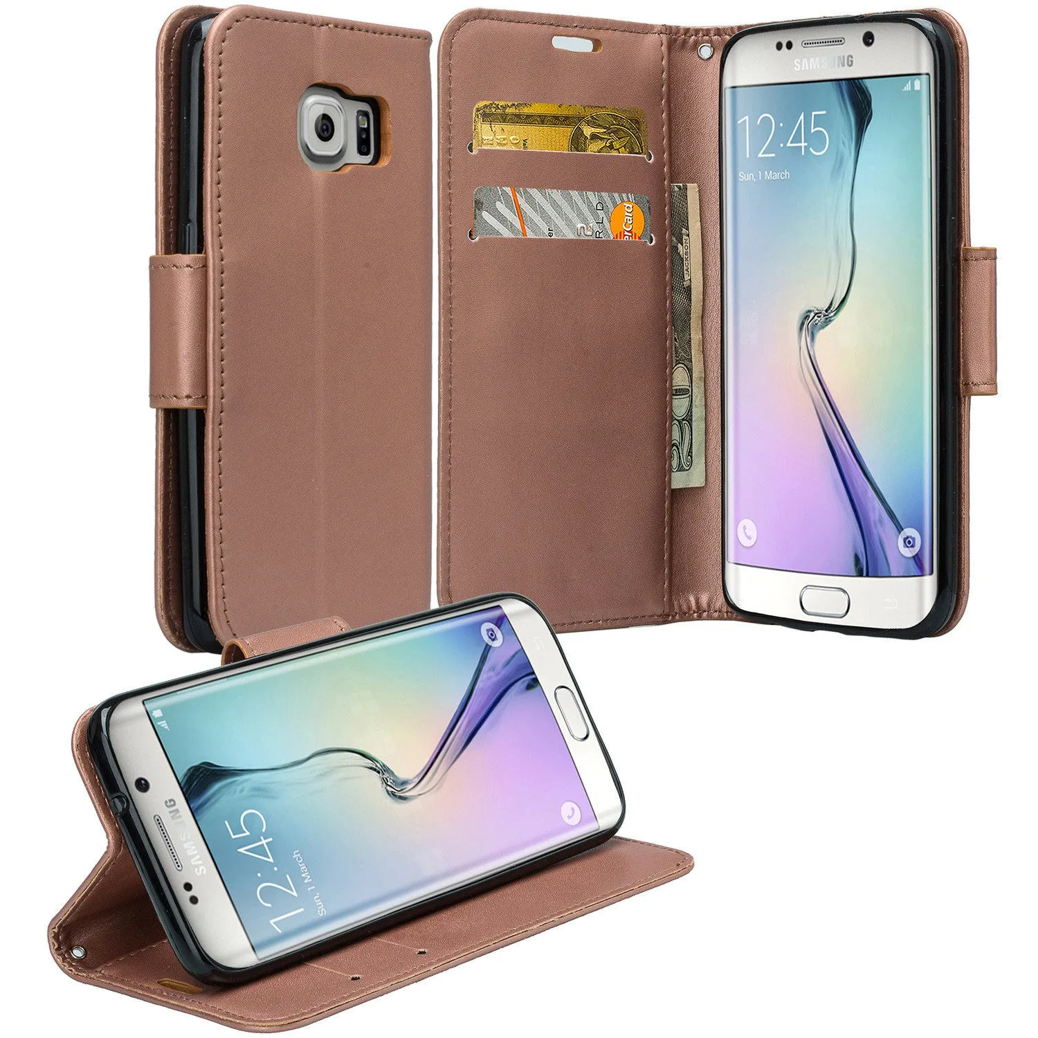 Samsung Galaxy S7 Wallet Case, Wrist Strap Magnetic Flip Folio [Kickstand Feature] Pu Leather Wallet Case with ID & Credit Card Slot For Galaxy S7 - Rose Gold