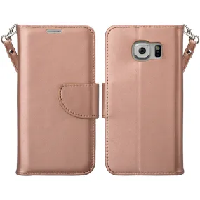 Samsung Galaxy S7 Wallet Case, Wrist Strap Magnetic Flip Folio [Kickstand Feature] Pu Leather Wallet Case with ID & Credit Card Slot For Galaxy S7 - Rose Gold