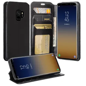 Samsung Galaxy S9 Case, SM-G960U Wallet Case, Pu Leather Wallet Case [Kickstand] with ID & Credit Card Slots - Black