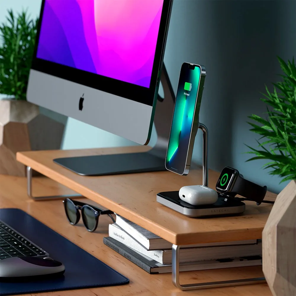 Satechi 15W Magnetic 3-in-1 Wireless Charging Stand - MagSafe Kompatibel - Sort / Grå