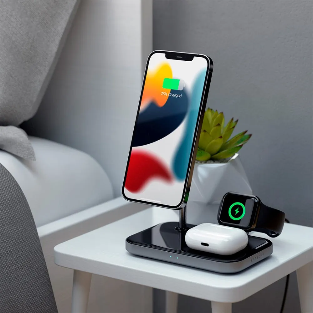 Satechi 15W Magnetic 3-in-1 Wireless Charging Stand - MagSafe Kompatibel - Sort / Grå