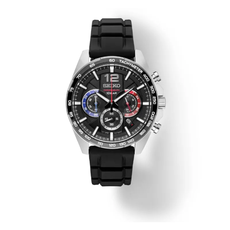 Seiko Essentials SSB347 Black multi-layered dial with Red and Blue Accents 10 ATM Water Resistant 43.9mm Men's Watch