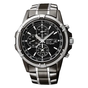 Seiko Essentials SSC143 Black Dial Solar Alarm Chronograph 10 ATM Water Resistant 42.5mm Men's Watch