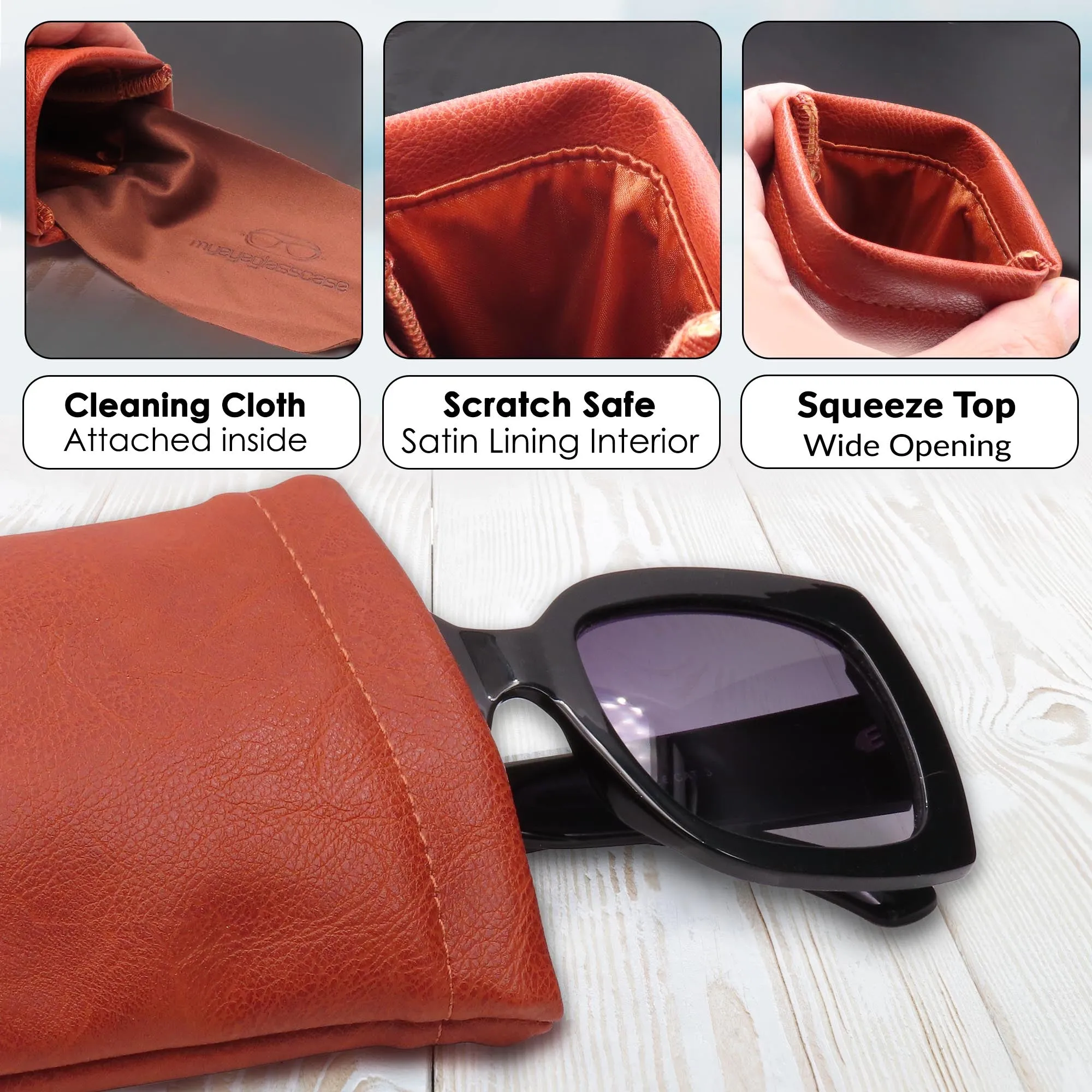 Soft Sunglasses Case in Brown Leatherette - Large Eyeglass Pouch - XL Glasses Holder w/ Cloth - Smart Phone Case (CT8 Brown)