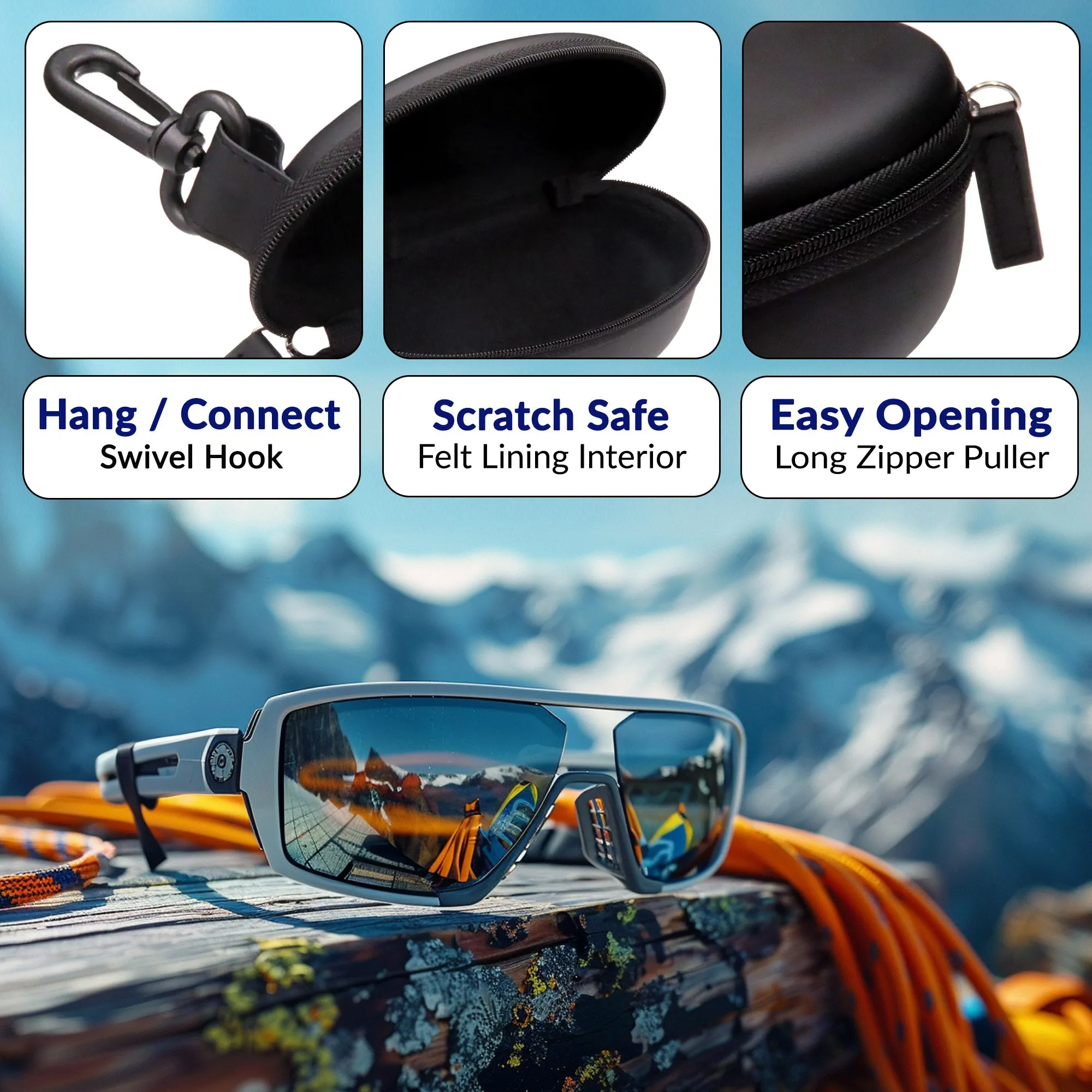 Sport Sunglasses Case , Semi Hard Glasses Case with Zipper & Carabiner hook, Eyeglass Case with Pouch and cleaning cloth (B15HC BLK/BLK)