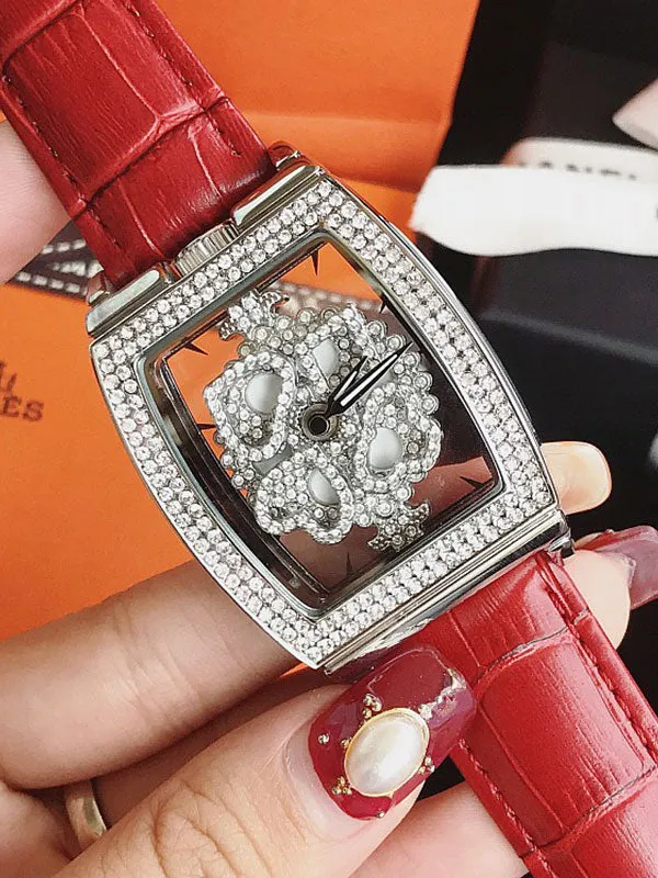 Square Diamond Drill Leather Strap Watch