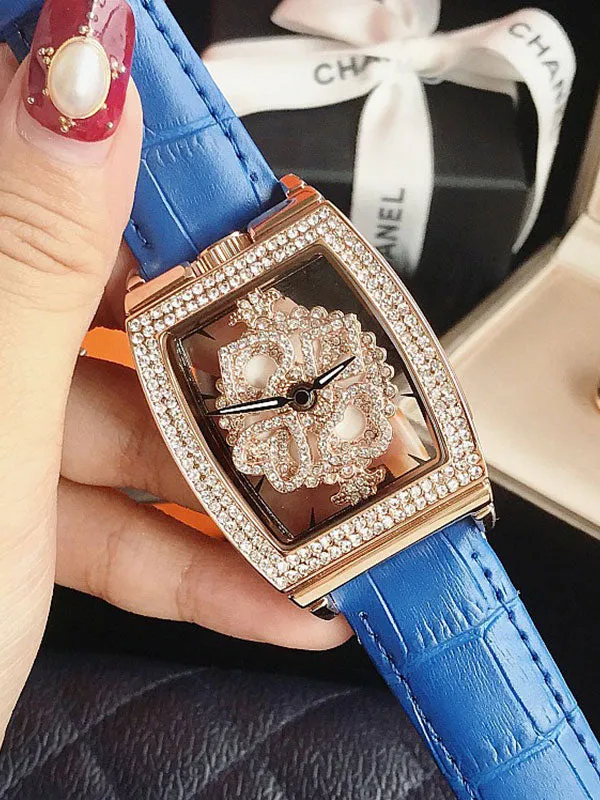 Square Diamond Drill Leather Strap Watch