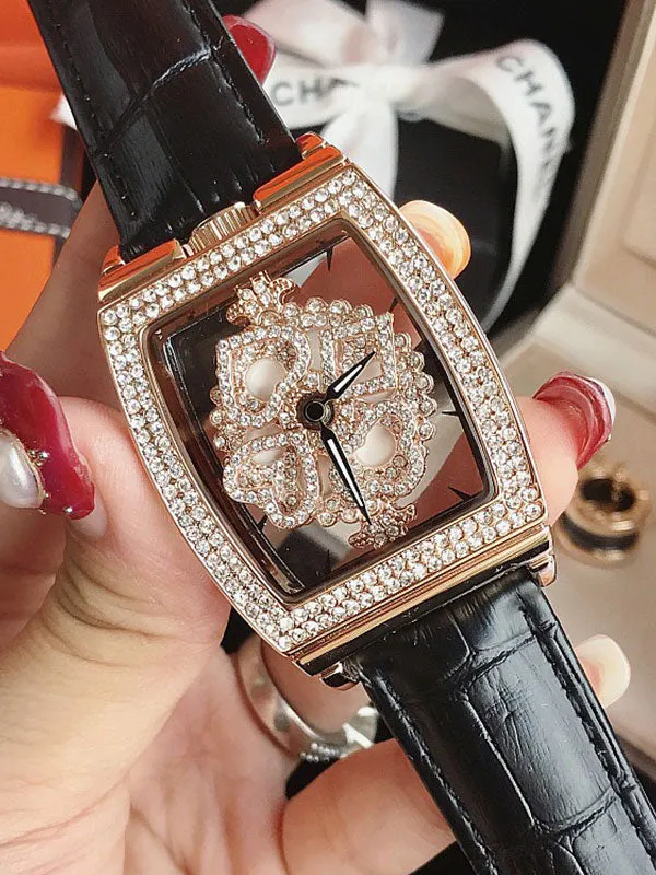 Square Diamond Drill Leather Strap Watch