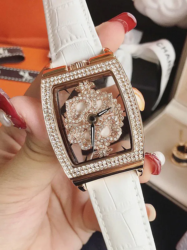 Square Diamond Drill Leather Strap Watch