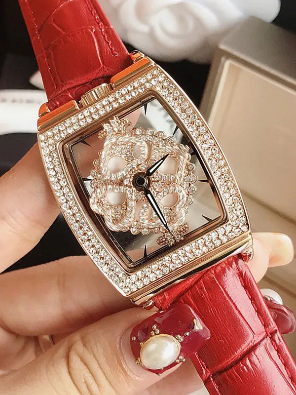 Square Diamond Drill Leather Strap Watch