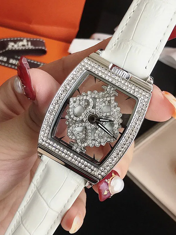 Square Diamond Drill Leather Strap Watch