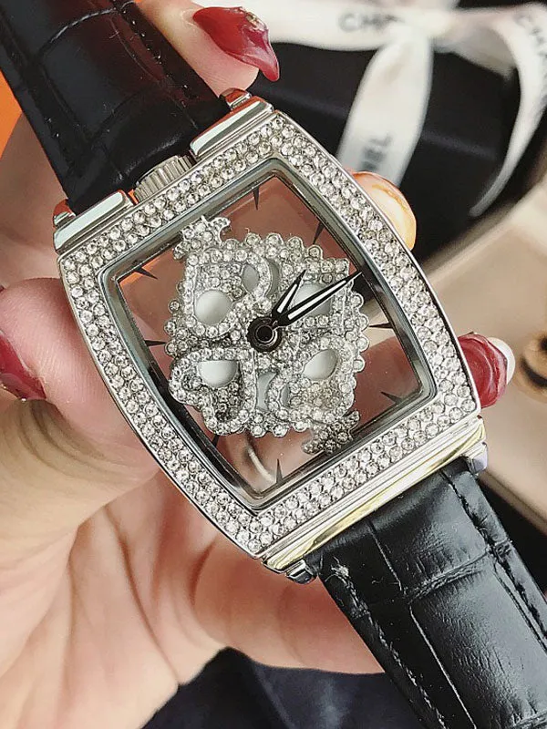 Square Diamond Drill Leather Strap Watch