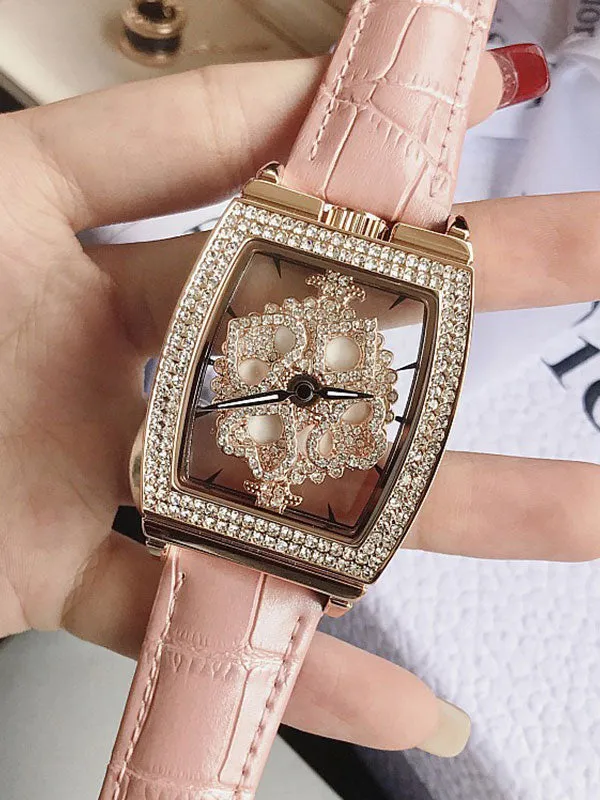 Square Diamond Drill Leather Strap Watch