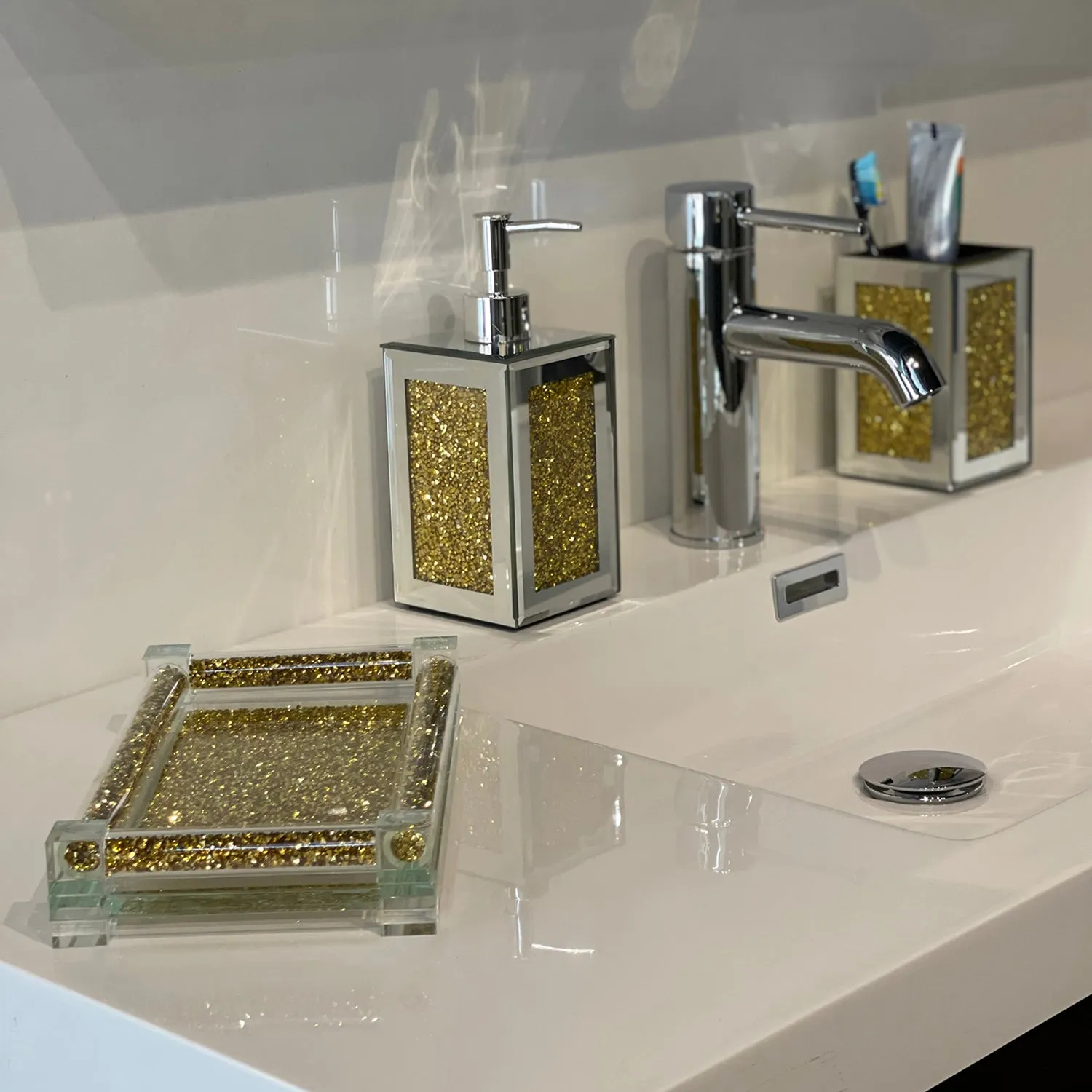 Square Soap Dispenser and Toothbrush Holder with Tray, Gold Crushed Diamond Glass