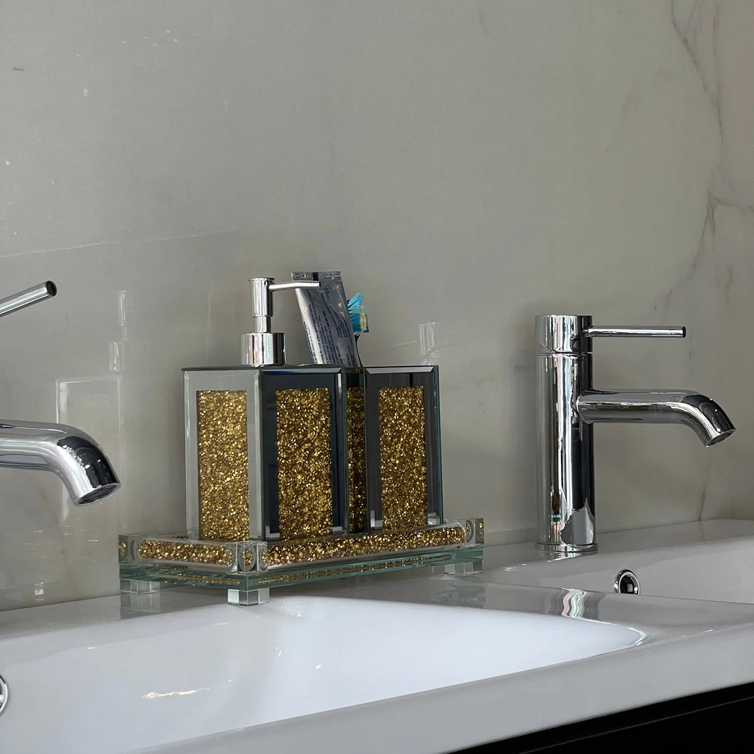 Square Soap Dispenser and Toothbrush Holder with Tray, Gold Crushed Diamond Glass