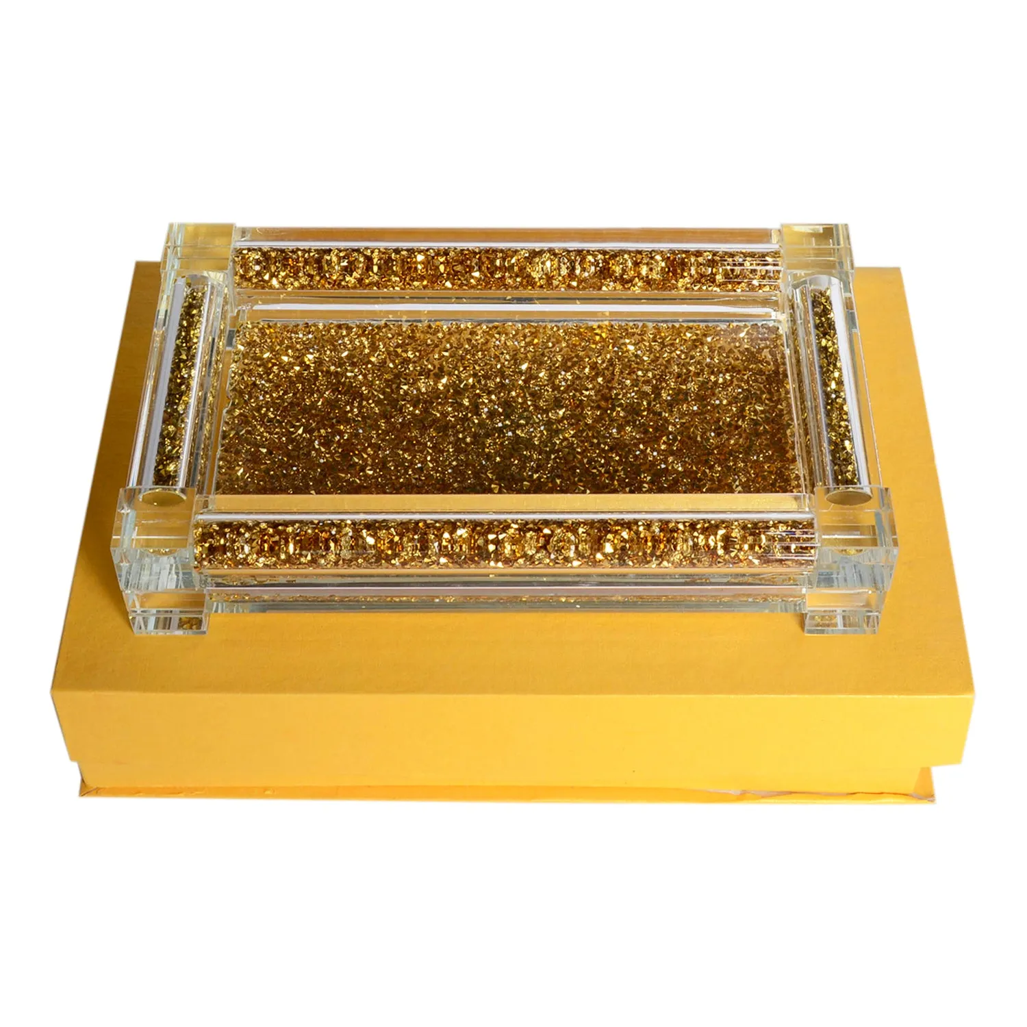 Square Soap Dispenser and Toothbrush Holder with Tray, Gold Crushed Diamond Glass